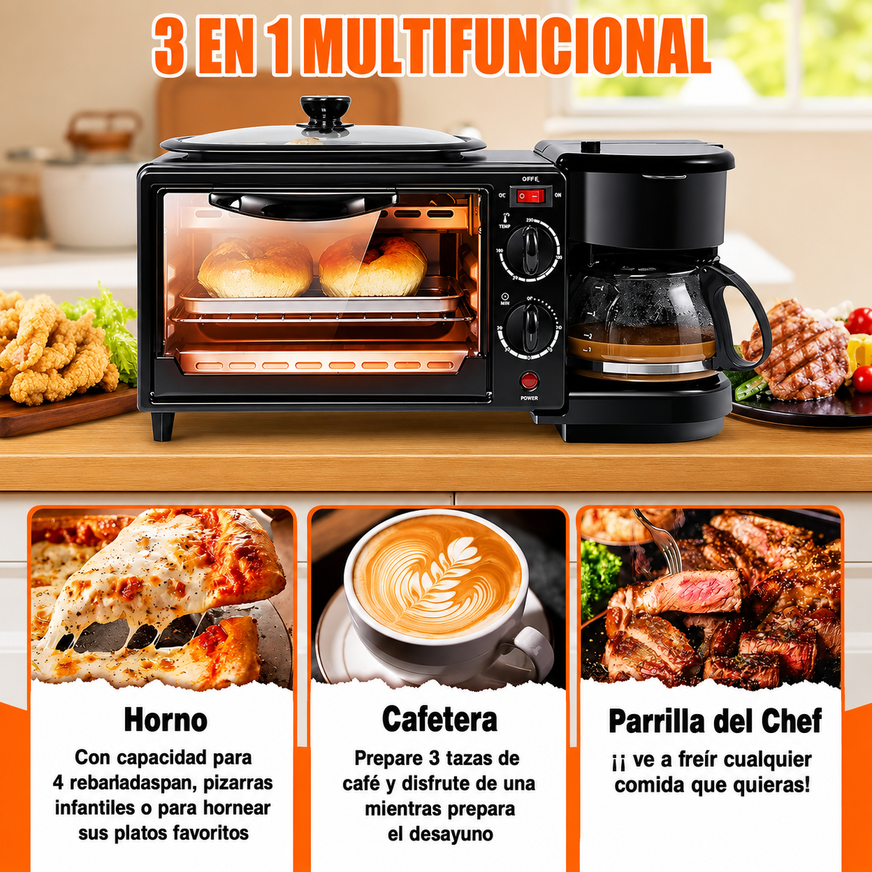 Horno Eléctrico 3 En 1 Cafetera Tostador