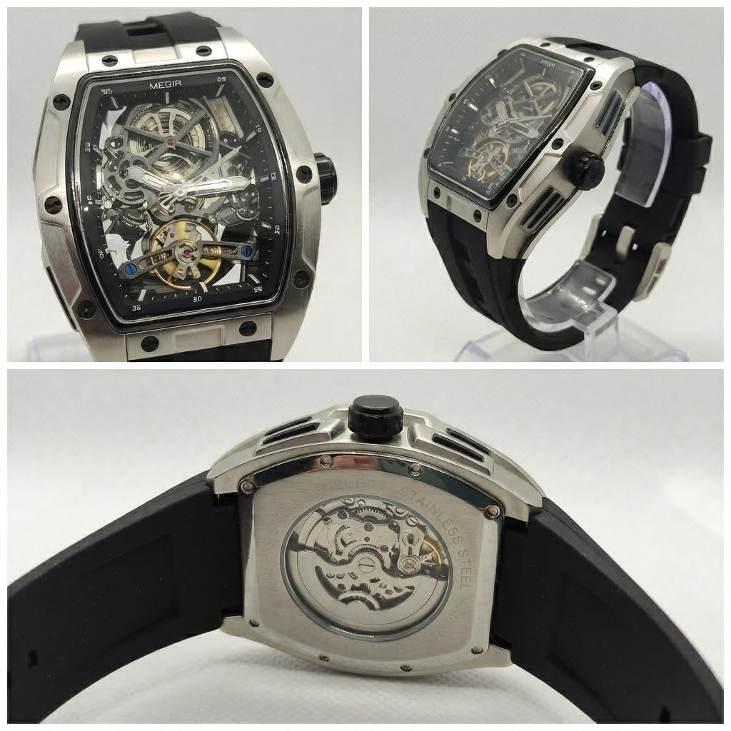 Reloj Automático Megir Esqueleton Transparente Negro Hombre Megir 2242