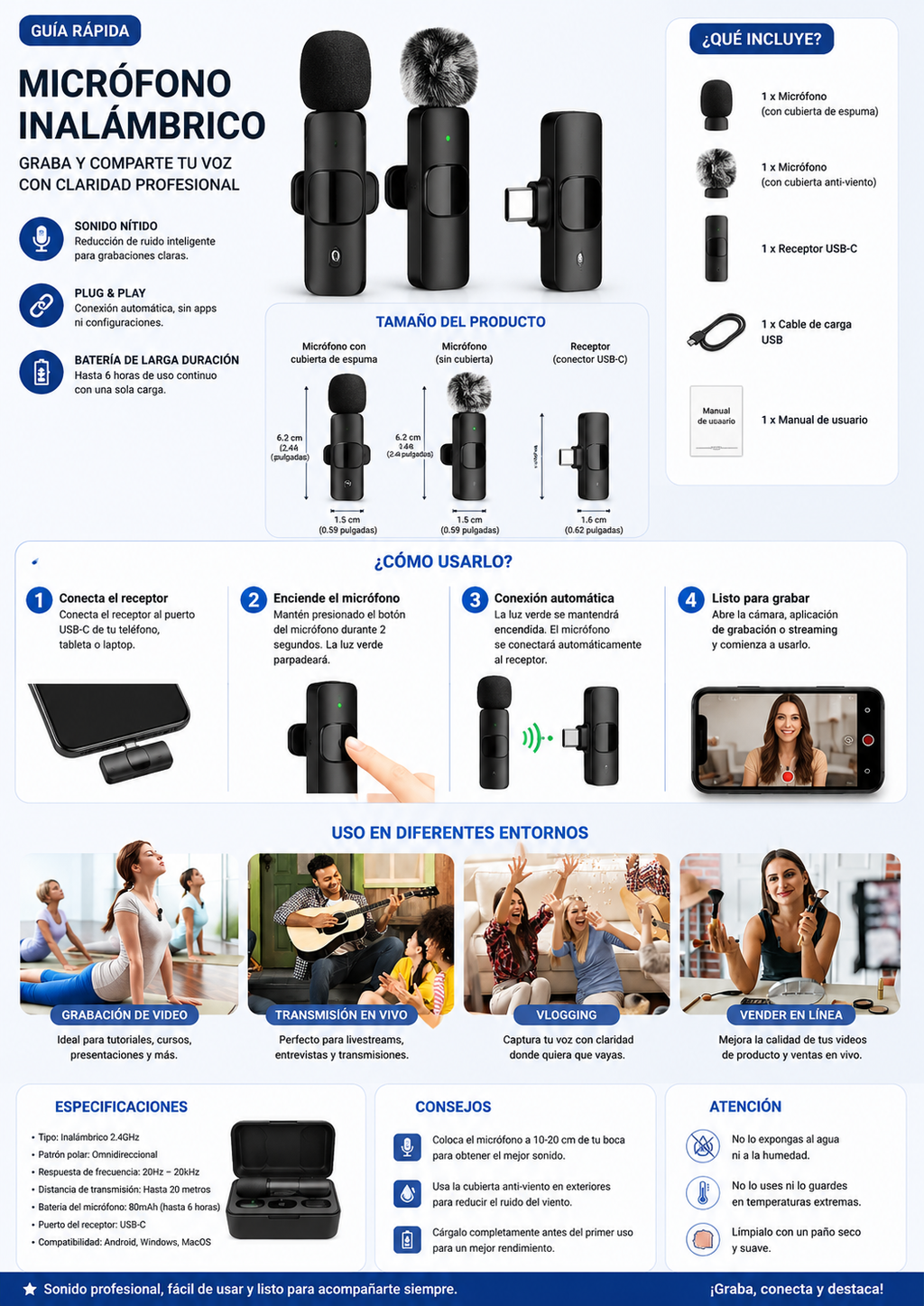 Micrófono Inalámbrico Solapa USB Tipo C