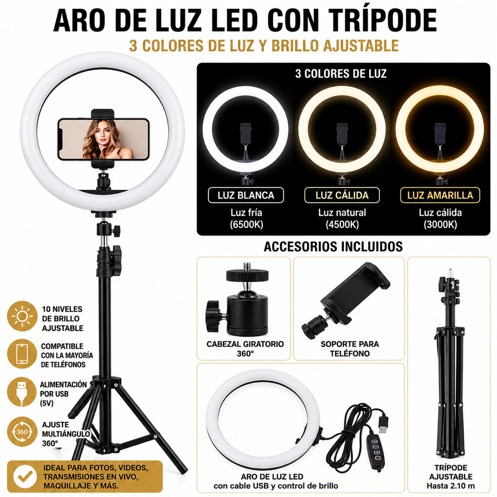 ARO DE LUZ LED 26 CM CON TRÍPODE AJUSTABLE